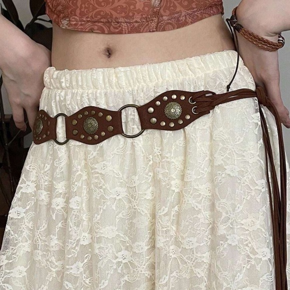 Western Brown Vegan Leather Studded Tie Belt - Picture 3 of 3